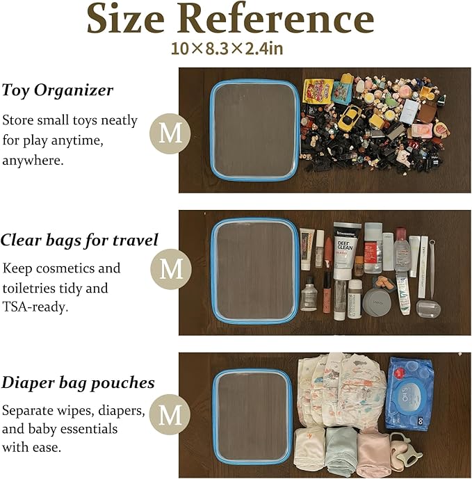 4 pcs Clear Zipper Pouches,Hard Shell Zipper Case, Toiletry Bag for Travel, CLear Diaper Bag, Toiletry Pouch, Travel Organizer, Clear Cosmetic Bag,Toy Storage Bins (M+3S) (Blue)
