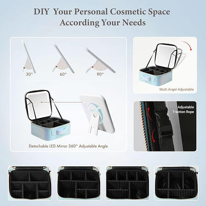 Travel Makeup Bag with LED Lighted Mirror, Cosmetic Makeup Organizer Bag with 3 Color Setting, Makeup Train Case with Adjustable Dividers for Women Makeup Brushes Jewelry Accessories