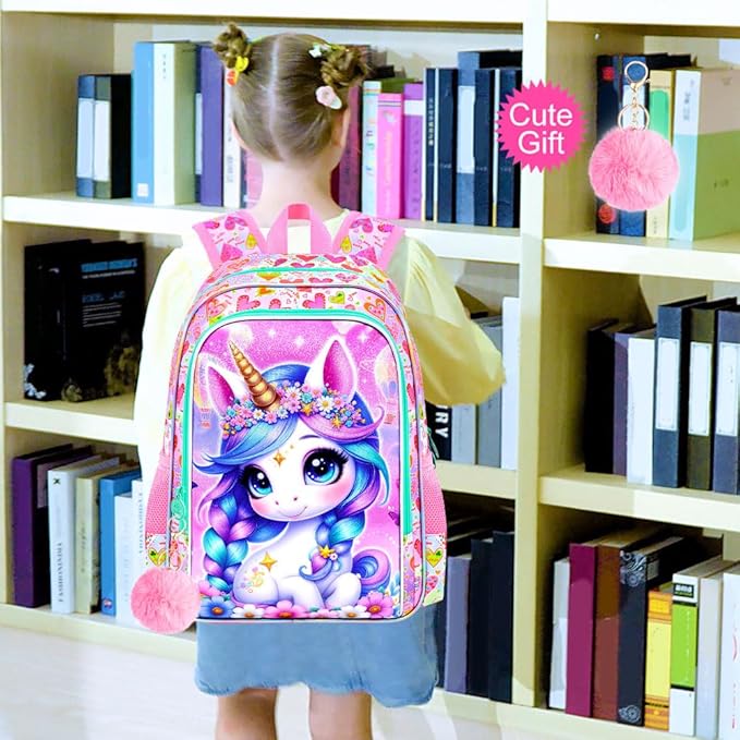 WZLVO 3PCS Kids Backpack for Girls, Unicorn Dinosaur Animal Prechool Elementary Kindergarten School Bookbag with Lunch Box