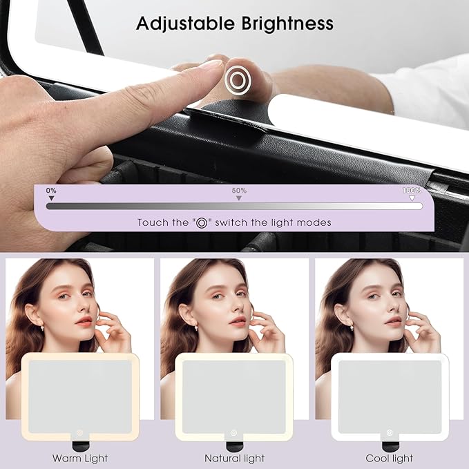 Leather Makeup Case with LED Lighted Mirror 11.4 Inch Travel Makeup Bag Adjustable Brightness in 3 Colors Cosmetic Organizer Artist Storage Bag with Dividers Brush Holder Bag Vanity Shiny Purple