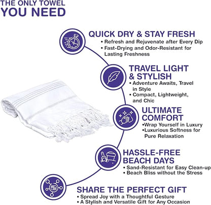 Turkish Beach Towels, Pack of 2 | Oversized, Quick Dry, Sand Free | 100% Cotton, Large 38x71 Towels for Beach, Pool, Travel | Ultra-Soft, Compact, and Absorbent | White