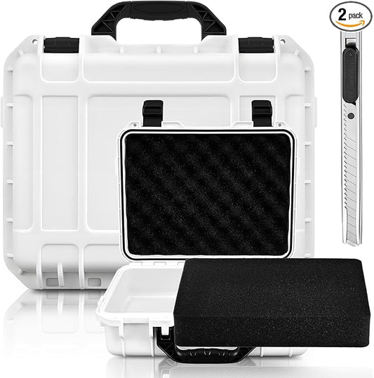 1 Pcs 16.3 x 12.4 x 6.5 Inch Waterproof Hard Case with DIY Customizable Foam Insert Portable Protective Case with Knife for Camera Drones Equipments Tools Test Instruments (White)
