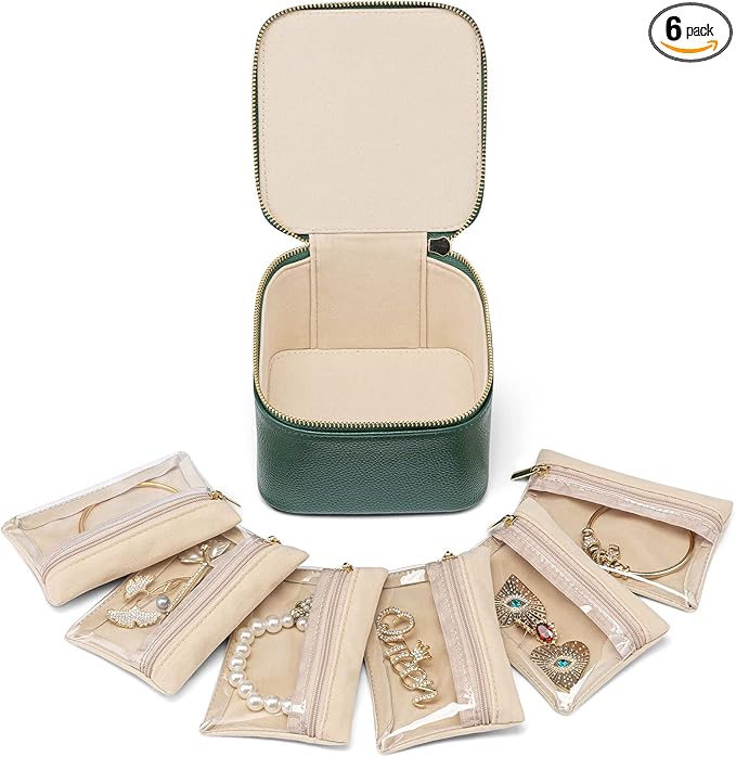 Vlando Gifts for Teachers,Travel Jewelry Box with 6 Velvet Jewelry Zipper Pockets Jewelry Case Premium Petal Hardware Travel Jewelry Organizer Graduation Gifts (Green)