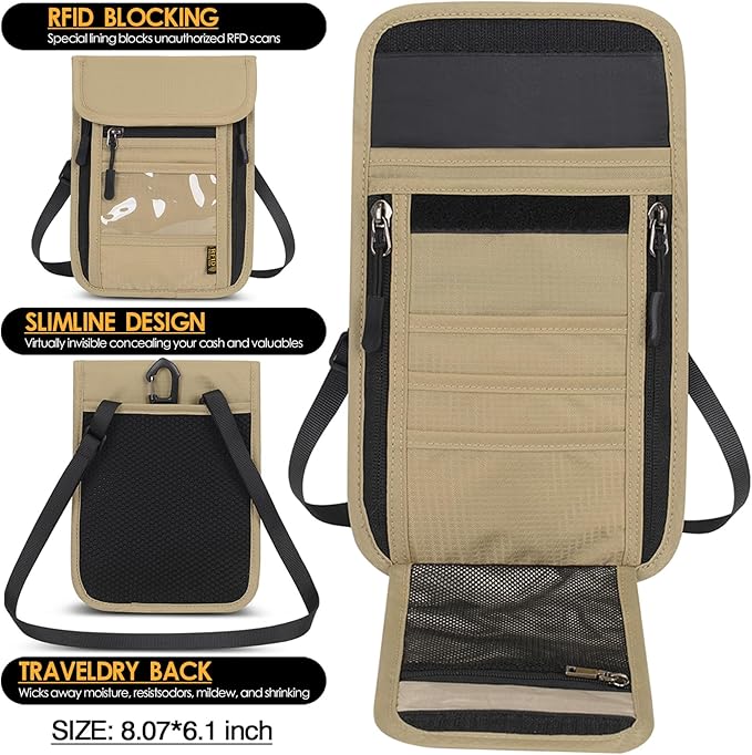 Travel Neck Wallet RFID Blocking – Hidden Passport Holder & Anti-Theft Money Pouch for Men & Women, Lightweight Concealed Undergarment Organizer with Adjustable Strap, Secure Document Holder