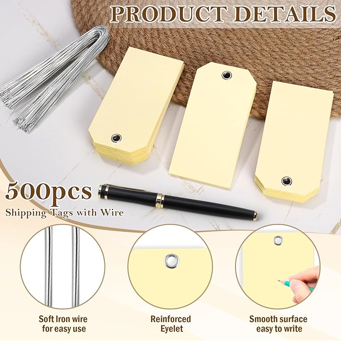 1000 pcs Paper Luggage Tags Ivory Paper Tags Shipping Tags with Wire 4 3/4" x 2 3/8" Blank Manila Hang Tags for Labeling White Labels with String Attached Wire Labels for Clothing Inventory