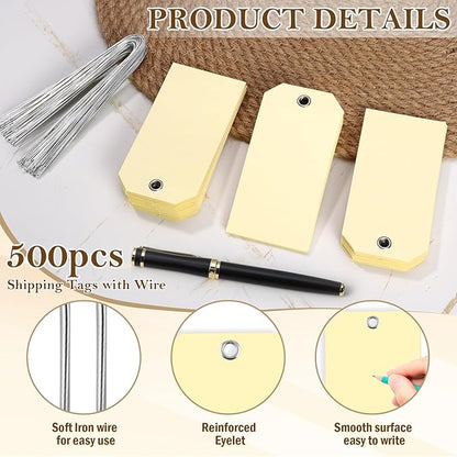 1000 pcs Paper Luggage Tags Ivory Paper Tags Shipping Tags with Wire 4 3/4" x 2 3/8" Blank Manila Hang Tags for Labeling White Labels with String Attached Wire Labels for Clothing Inventory