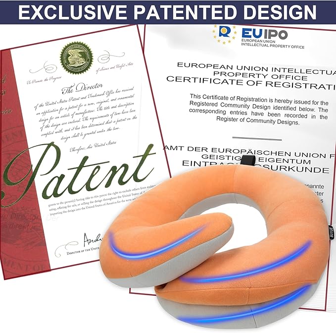 BUYUE Travel Neck Pillows for Airplanes, 360° Head Support Sleep for Long Flight, Skin-Friendly & Breathable, Kit with 3D Contoured Eye Mask, Earplugs and Storage Bag (Adult, Orange, 90+ lbs)