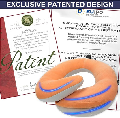 BUYUE Travel Neck Pillows for Airplanes, 360° Head Support Sleep for Long Flight, Skin-Friendly & Breathable, Kit with 3D Contoured Eye Mask, Earplugs and Storage Bag (Adult, Orange, 90+ lbs)