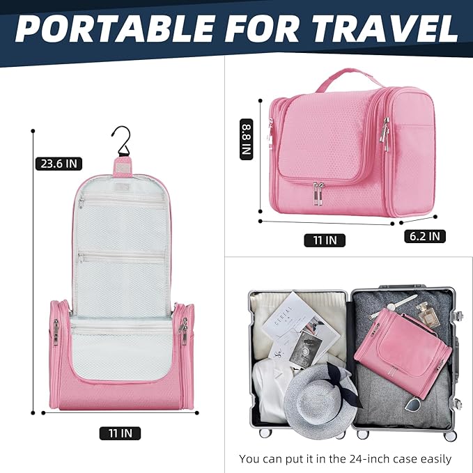 Buruis Large Toiletry Bag for Women and Men, Hanging Travel Bag for Makeup, Cosmetics, Shaving, Toiletries, Water-Resistant Dopp Kit for Gym, Camping, or Daily Use, Pink