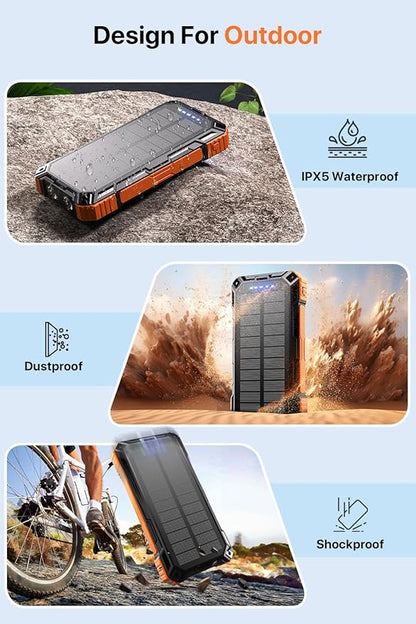 Solar Power Bank 49800mAh Wireless Portable Charger with USB-C 15W Fast Charging with 4 Built-in Cables LED Flashlight Battery Pack Compatible with iPhone, iPad, Smartphone,Perfect for Camping, Hiking