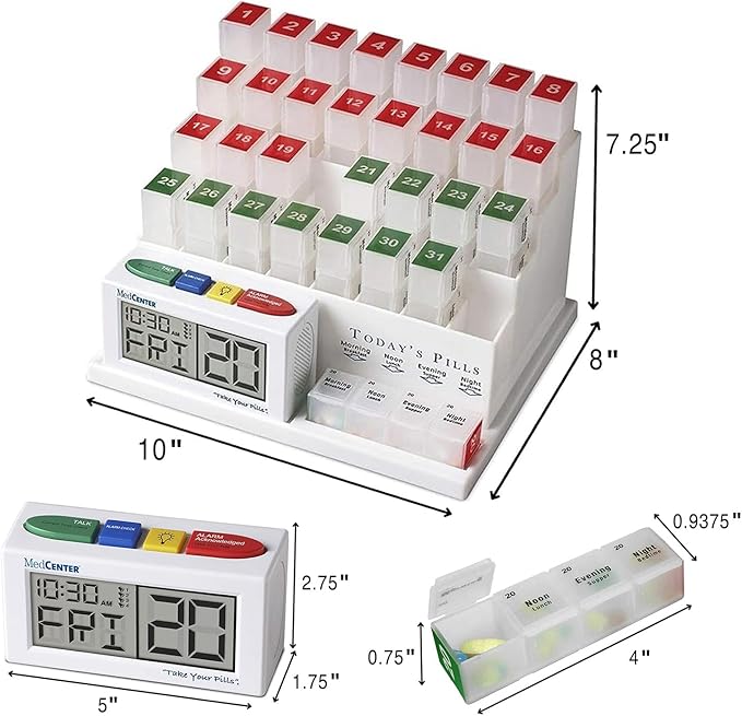 Medcenter Monthly Pill Organizer System 4 Times a Day, 31 Day Pill Organizer Box with Talking Alarm Reminding System, HSA/FSA Monthly Pill Box for Daily Medication, Gift for Mom, Dad, Elderly