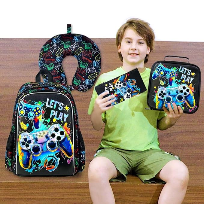 UFNDC 5PCS Kids Luggage for Boys, Game Rolling Suitcase with Wheels, Travel Carry-On for Children Toddler Elementary