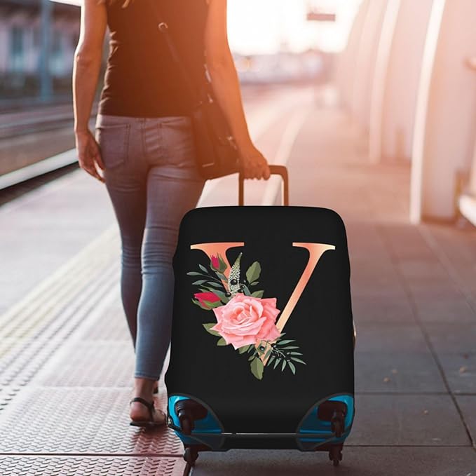 Floral Letter V Travel Luggage Cover Spandex Suitcase Protector Elastic Washable Stretch Suitcase Cover,Size L(Fit 25-28inch Suitcase)