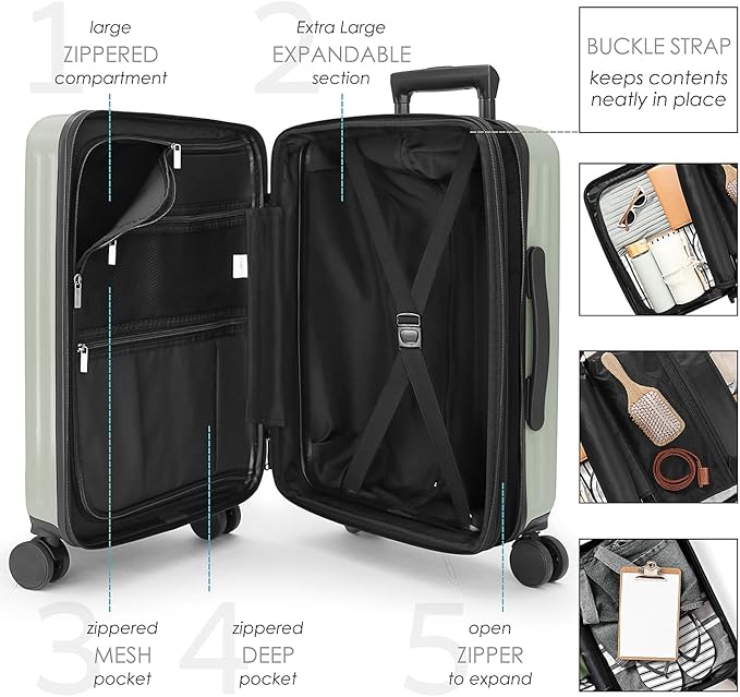 TravelArim 22 Inch Carry On Luggage 22x14x9 Airline Approved, Small Carry On Suitcase, Hard-shell Carry-on Luggage with Wheels, Durable Sage Green Luggage Carry-On with Cosmetic Case and Luggage Scale