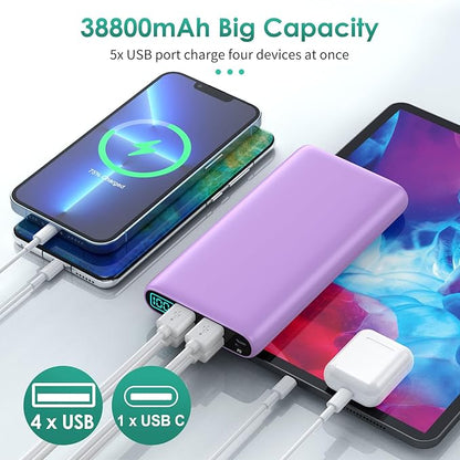 Portable Charger 38800mAh,LCD Display Power Bank,5 USB Outputs Battery Pack Backup, USB-C 3A in&out Travel Essential Portable Phone Charger For iPhone 17/16/15/14/13 Pro,Android Samsung Galaxy-Purple