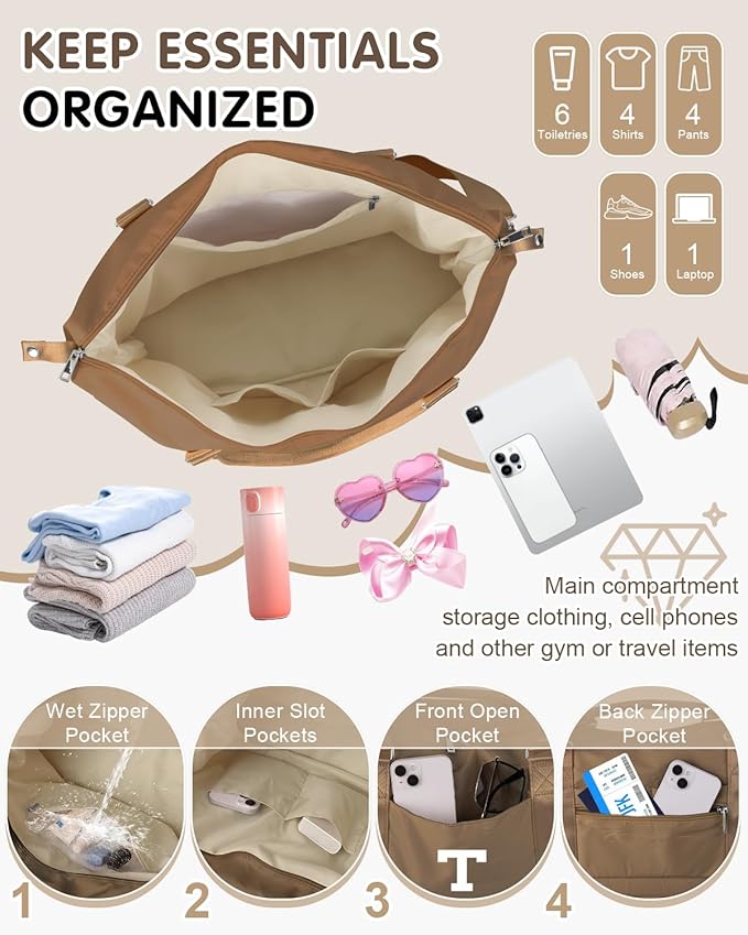 Birthday Graduation Gifts for Daughter,Initial Travel Duffel Bag Sports Gym Bag for Girls Teen Kids Birthday Gifts,Personalized Weekender Bag Carry On Tote Bags Cute Overnight Bag for Women(Brown, T)