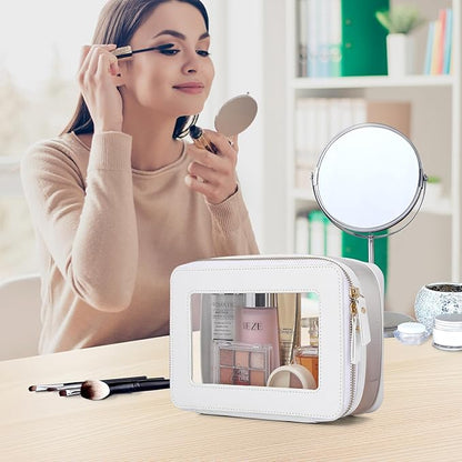 Pinkmik Clear Makeup Bag with Brush Case Travel Toiletry Bag Waterproof Cosmetic Organizer Car Essentials for Women (White, M+SLIM-1)