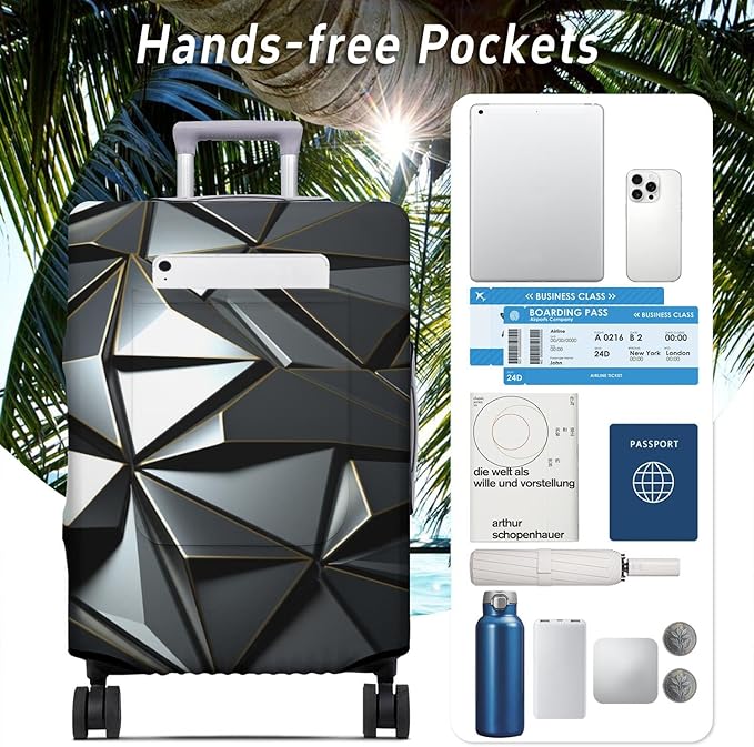 Black Geometry Travel Luggage Cover, Travel-Themed Suitcase Protector Stretchable, Washable Travel Suitcase Cover (L for 25-28 Inch Luggage)