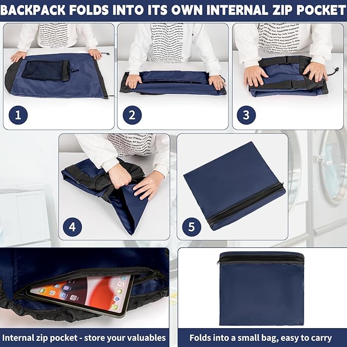 Laundry Bag Backpack with Shoulder Straps and Mesh Pocket Foldable Clothes Hamper Bag with Drawstring Closure for College, Apartment, Laundromat (Dark Blue)