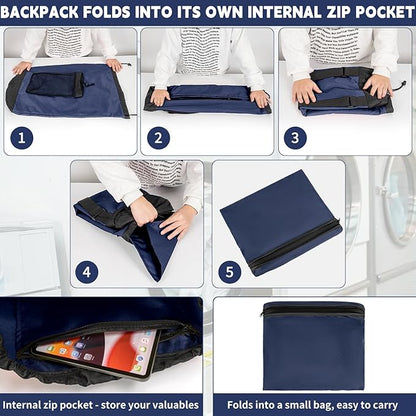 Laundry Bag Backpack with Shoulder Straps and Mesh Pocket Foldable Clothes Hamper Bag with Drawstring Closure for College, Apartment, Laundromat (Dark Blue)