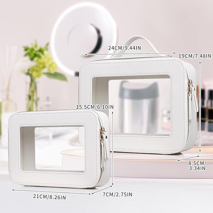 Pinkmik Clear Makeup Bag for Women Waterproof Travel Cosmetics and Toiletries Case Portable Makeup Oaganizer Bag Clear Car Bag with Zipper (White, M+L)
