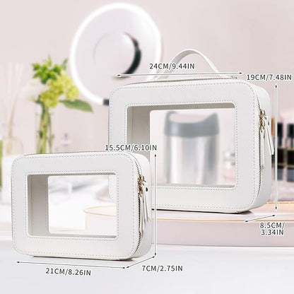 Pinkmik Clear Makeup Bag for Women Waterproof Travel Cosmetics and Toiletries Case Portable Makeup Oaganizer Bag Clear Car Bag with Zipper (White, M+L)