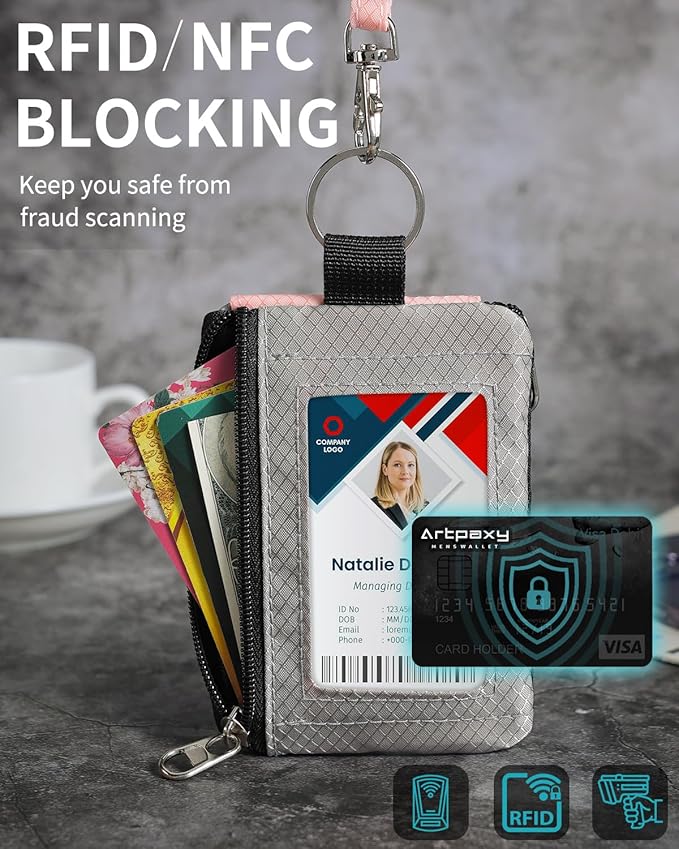 Minimalist Wallet For Mens Womens, Keychain RFID Blocking Zipper Small Wallet with ID Window 2 Lanyards,Water Resistant Travel Cash Card Coin Case Boys Girls