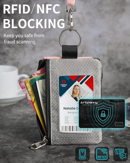 Minimalist Wallet For Mens Womens, Keychain RFID Blocking Zipper Small Wallet with ID Window 2 Lanyards,Water Resistant Travel Cash Card Coin Case Boys Girls