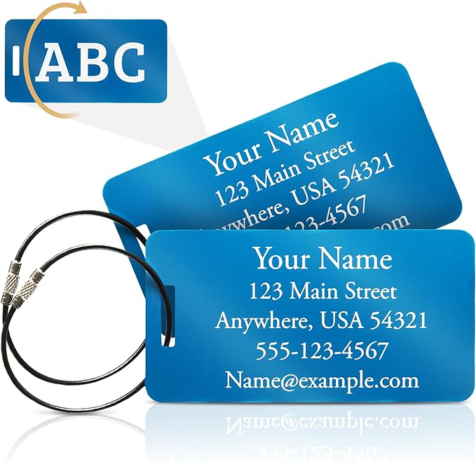 Two Custom Engraved Aluminum Luggage Tags (Blue)