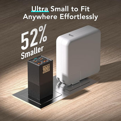 MFish 100W USB C Charger, Foldable Fast Laptop GaN Charger, 4-Port USB C Wall Charger Power Adapter Ports for MacBook Pro 17, 16'', Dell XPS, iPhone 17/16/15 Pro Max, 6-in-1 Power Strip