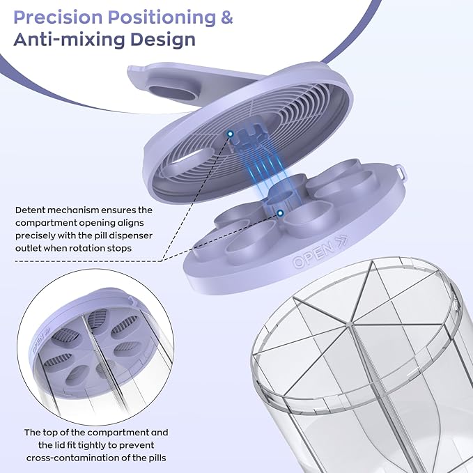 Pill Dispenser with 7 Large Compartments, 4.4" H x 3.6" Dia Pill Organizer for Travel, Supplement Organizer with Anti-Mixing Design, BPA-Free Pill Container with 20 Pcs Labels, Black+ Purple