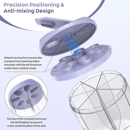 Pill Dispenser with 7 Large Compartments, 4.4" H x 3.6" Dia Pill Organizer for Travel, Supplement Organizer with Anti-Mixing Design, BPA-Free Pill Container with 20 Pcs Labels, Black+ Purple
