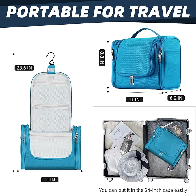 Buruis Large Toiletry Bag for Women and Men, Hanging Travel Bag for Makeup, Cosmetics, Shaving, Toiletries, Water-Resistant Dopp Kit for Gym, Camping, or Daily Use, Light Blue