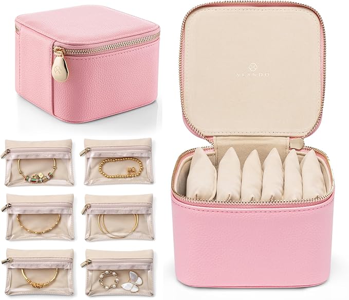 Vlando Travel Jewelry Box Organizer - 6 Small Velvet Zipped Pouches Pockets for Jewelries Necklaces Rings Earrings Sorting Storage, Strawberry Pink