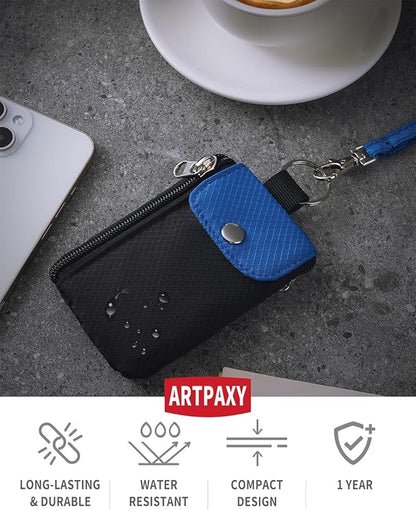 Minimalist Wallet For Mens Womens, Keychain RFID Blocking Zipper Small Wallet with ID Window 2 Lanyards,Water Resistant Travel Cash Card Coin Case Boys Girls