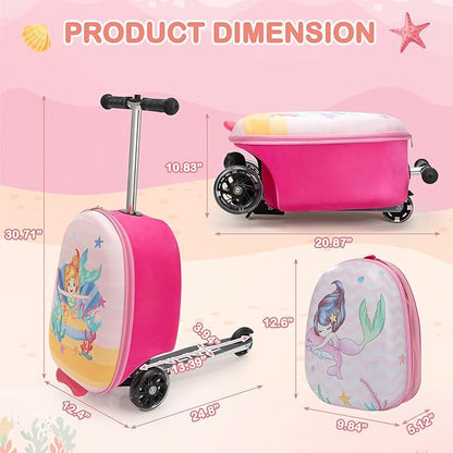 VLIVE Kids Scooter Luggage with Backpack 2-in-1 Set, 30L Ride-On Suitcase + 10L Backpack, Durable EVA Material, Lightweight Foldable, Wheels for Girls Aged 4-8, Mermaid Design