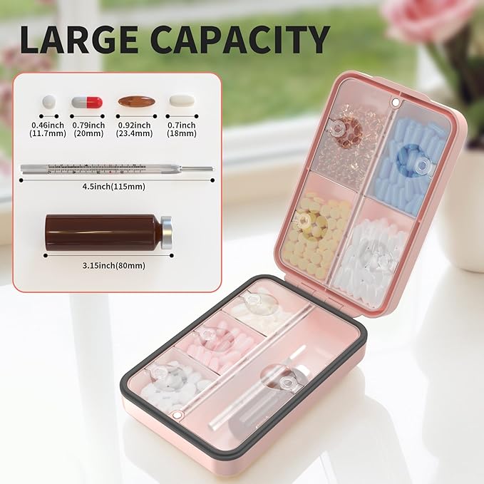 Restree Weekly Pill Organizer, Magnetic Moisture Proof Pill Case, Large Capacity Travel Pill Box with Inner Clear Lid for Vitamins, Supplements, and Daily Medications 8 Compartment (Pink)