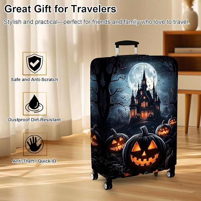 Luggage Cover Protector for 26-28 Inch Suitcases, TSA Approved Elastic Travel Suitcase Covers, Anti-Scratch Washable Luggage Sleeve for Carry On & Checked Bags, Halloween Pumpkins