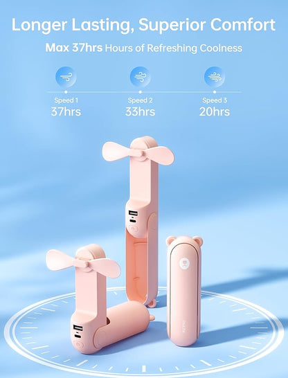 JISULIFE Handheld Fan with 4500 mAh Powerbank Max 37 Hours Runtime, Pocket Portable Battery Operated or USB Powered Folding Personal Fan, 3 Speeds, Gifts for Women Men Kids Gift for Festival-Pink