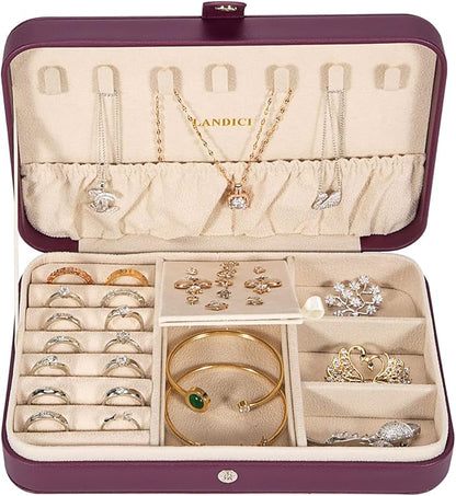 LANDICI Small Jewelry Box for Women Girls, PU Leather Travel Jewelry Case, Portable Jewelry Organizer Storage Holder Display for Ring Earrings Necklace Bracelet Bangle Men Kids Gift, Purple