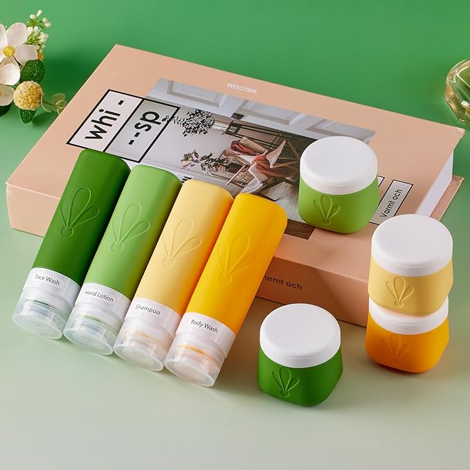 INSFIT 8 Pack Silicone Travel Bottles & Cream Jars with Toiletry Bag, 3oz Leakproof Containers & 2oz Jars with Waterproof Labels, BPA-Free Squeezable Toiletries Set for Shampoo, Lotion