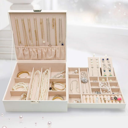 ProCase Jewelry Box for Women, 2 Layers Large Leather Jewelry Organizer Storage Case with Removable Pad for Earrings -White