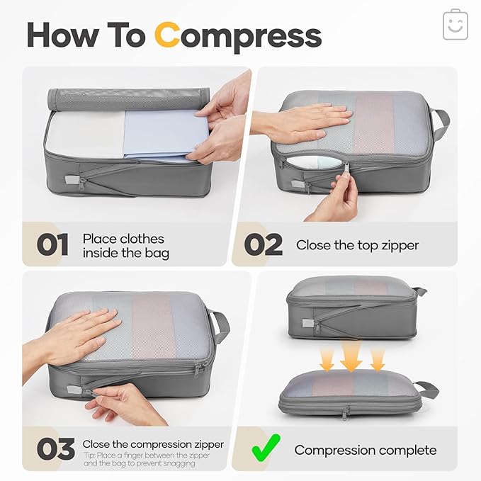 Veken 11 Set Compression Packing Cubes for Travel Essentials,Compressible Expandable Large Luggage Suitcase Organizer Bags for Clothing,Durable Space Saver Storage Bags with Toiletry Bags(Gray)