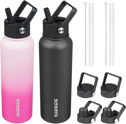 BJPKPK 2 Pack Insulated Water Bottles with Straw Lids, 40oz Stainless Steel Metal Water Bottle with 6 Lids, Leak Proof BPA Free Jugs, Cups, Flasks for Travel, Sports (Cherry+Black)