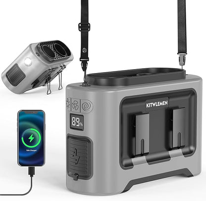 KITWLEMEN 14500mAh Portable Waist Fan - Personal Clip on Belt Fan, Dual Air Outlet, 5 Speed 35H Cooling, Rechargeable Battery Operated, Wearable with Lanyard & Light for Camping, Travel, Jobsite