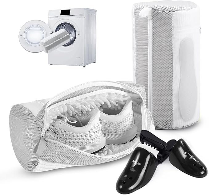 Shoe Washing Machine Bag 2Pack - Reusable Shoe Laundry Bag with Mesh Socks Bag - 360°Deep Protective Cleaning Bags for Sneakers Delicate Footwear - Home Dorm Travel Essentials, White