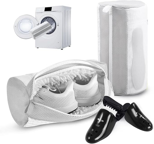 Shoe Washing Machine Bag 2Pack - Reusable Shoe Laundry Bag with Mesh Socks Bag - 360°Deep Protective Cleaning Bags for Sneakers Delicate Footwear - Home Dorm Travel Essentials, White
