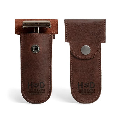 Hide & Drink, Double Edge Protector Case, Barber Razor Sheath, Safety Cover, Travel and Commuter Essentials, Portable Carry Bag, Vintage, Full Grain Leather, Handmade, Bourbon Brown