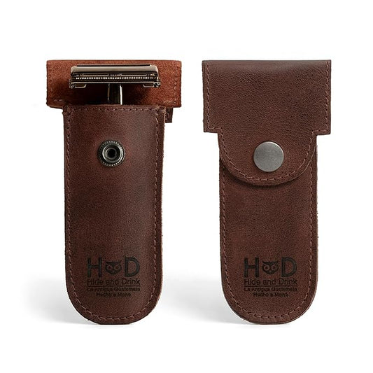 Hide & Drink, Double Edge Protector Case, Barber Razor Sheath, Safety Cover, Travel and Commuter Essentials, Portable Carry Bag, Vintage, Full Grain Leather, Handmade, Bourbon Brown