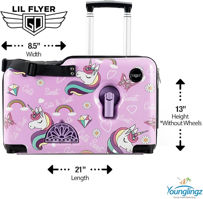Younglingz LIL FLYER GO Version 2 Ride On Suitcase for Kids | Carry On Luggage with Toddler Seat, Foldable Handlebars, Pedals, and Removable Wheels | Holds up to 80 lbs | Glam | Ages 2-6